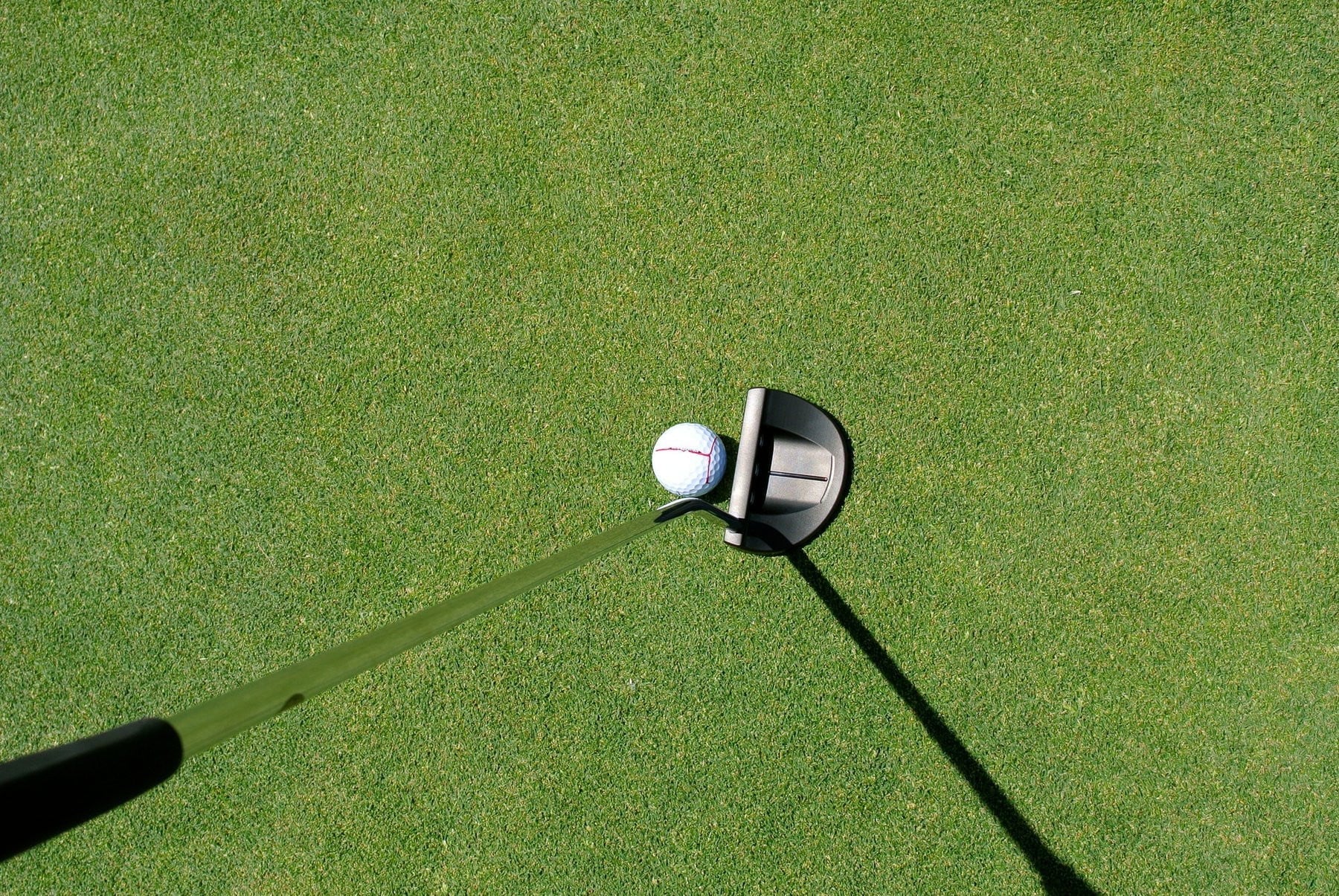 Putter und Golfball mit aufgezeichneter Ziellinie auf dem Grün, von oben fotografiert