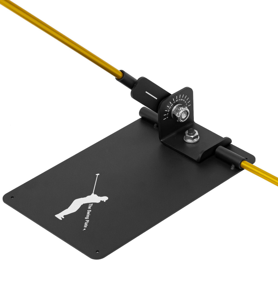 The Swing Plate – schwarze Grundplatte mit Winkelhalterung und gelbem Ausrichtungsstab