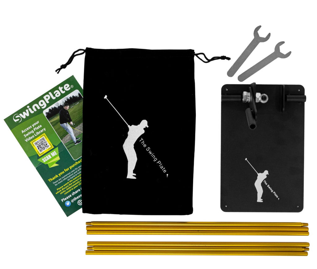 Lieferumfang The Swing Plate – Grundplatte, Aufbewahrungsbeutel, zerlegte Ausrichtungsstäbe und Anleitungskarte