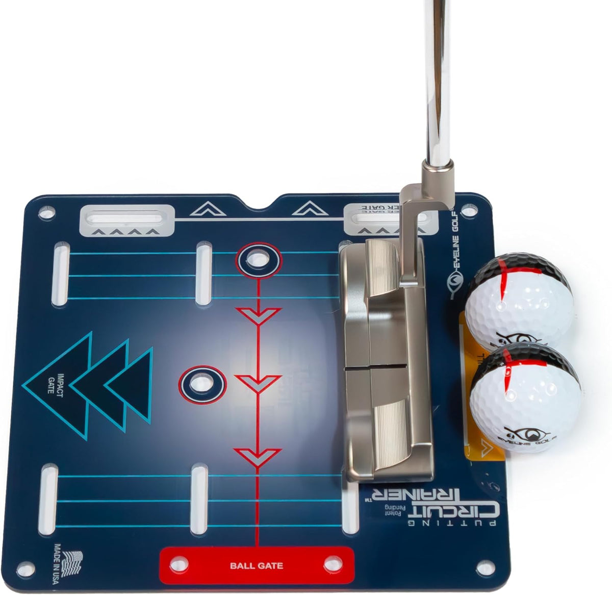 Putting Circuit Trainer – blaue Platte mit Putter und zwei Bällen bei der Zwei-Ball-Übung