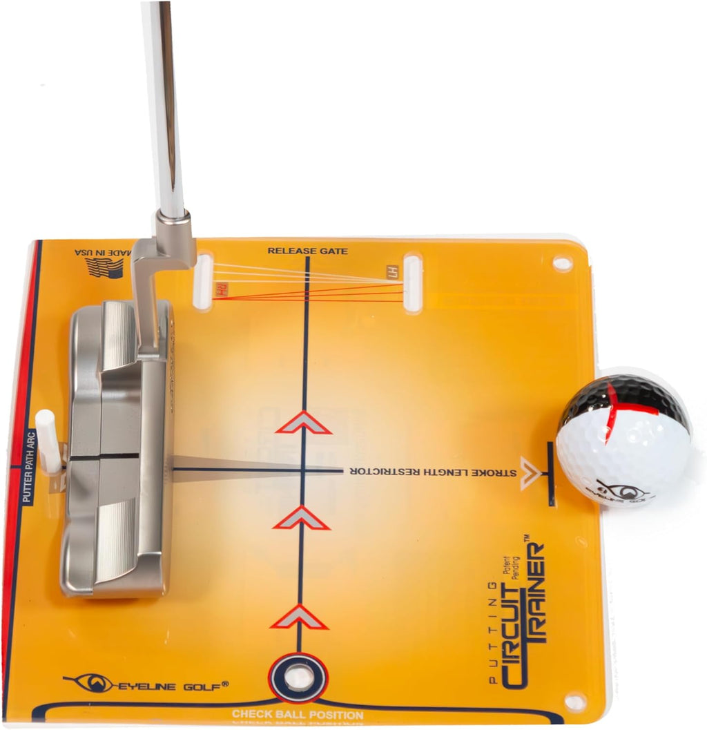 Putting Circuit Trainer – gelbe Platte mit Putter, Ball und Stift zur Begrenzung der Schlaglänge