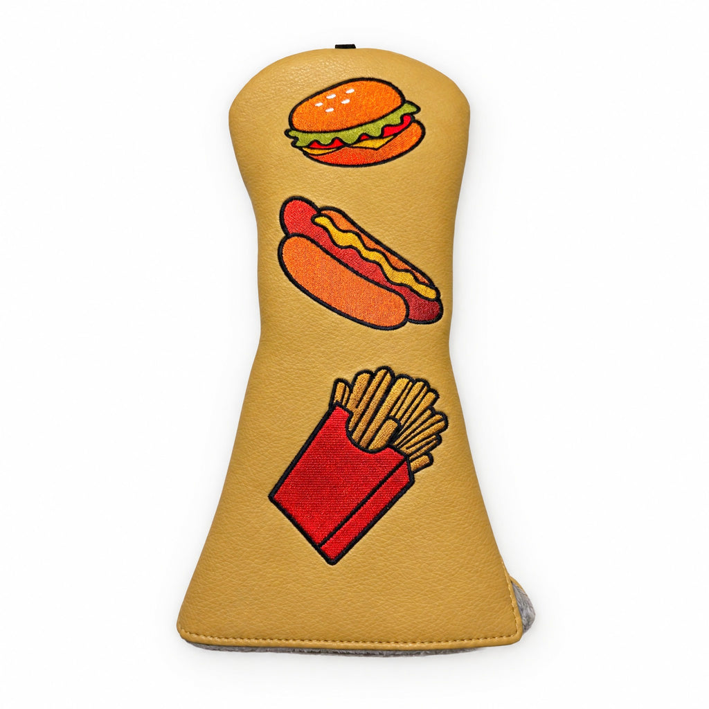 Golf Headcover Hamburger Fast-Food: Vorderseite mit gestickten Motiven Hamburger, Hot Dog und Pommes