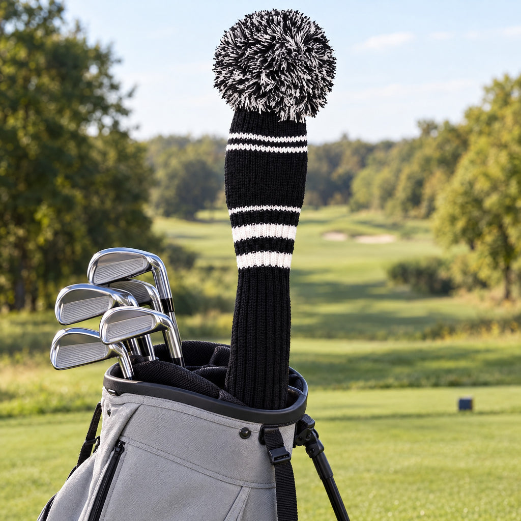 Strick-Schlägerhaube Long John schwarz/weiß mit Bommel auf dem Driver im Golfbag