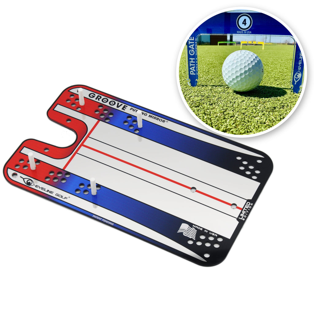 Groove Putting Mirror im Set mit den Putting Path Gates 2.0: ein Golfball rollt durch ein Putt-Tor