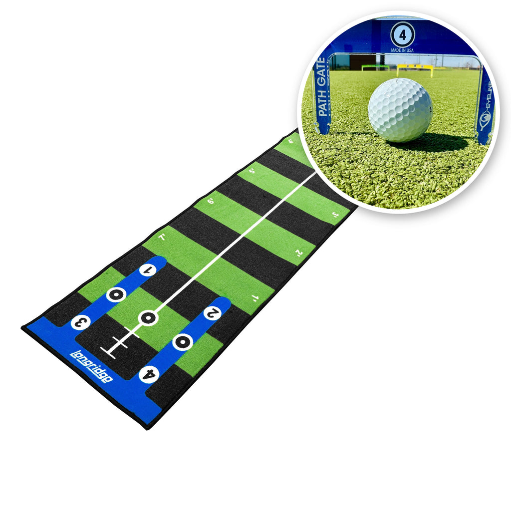 Putting Matte 3 m im Set mit den Putting Path Gates 2.0: ein Golfball rollt durch ein Putt-Tor