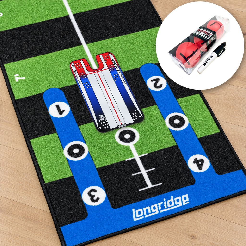 Putting-Starterset: Putting-Matte 3 m mit dem Groove Putting Mirror darauf, im Kreis der EyeLine Golfball Liner mit Stift