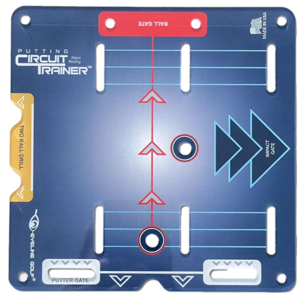 Putting Circuit Trainer – blaue Platte von oben mit Ball-Tor, Impact-Tor und Putter-Tor