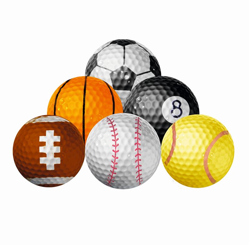 Golfbälle mit Sportmotiv - Baseball - Fußball - Basketball - Snooker - Football - Tennis