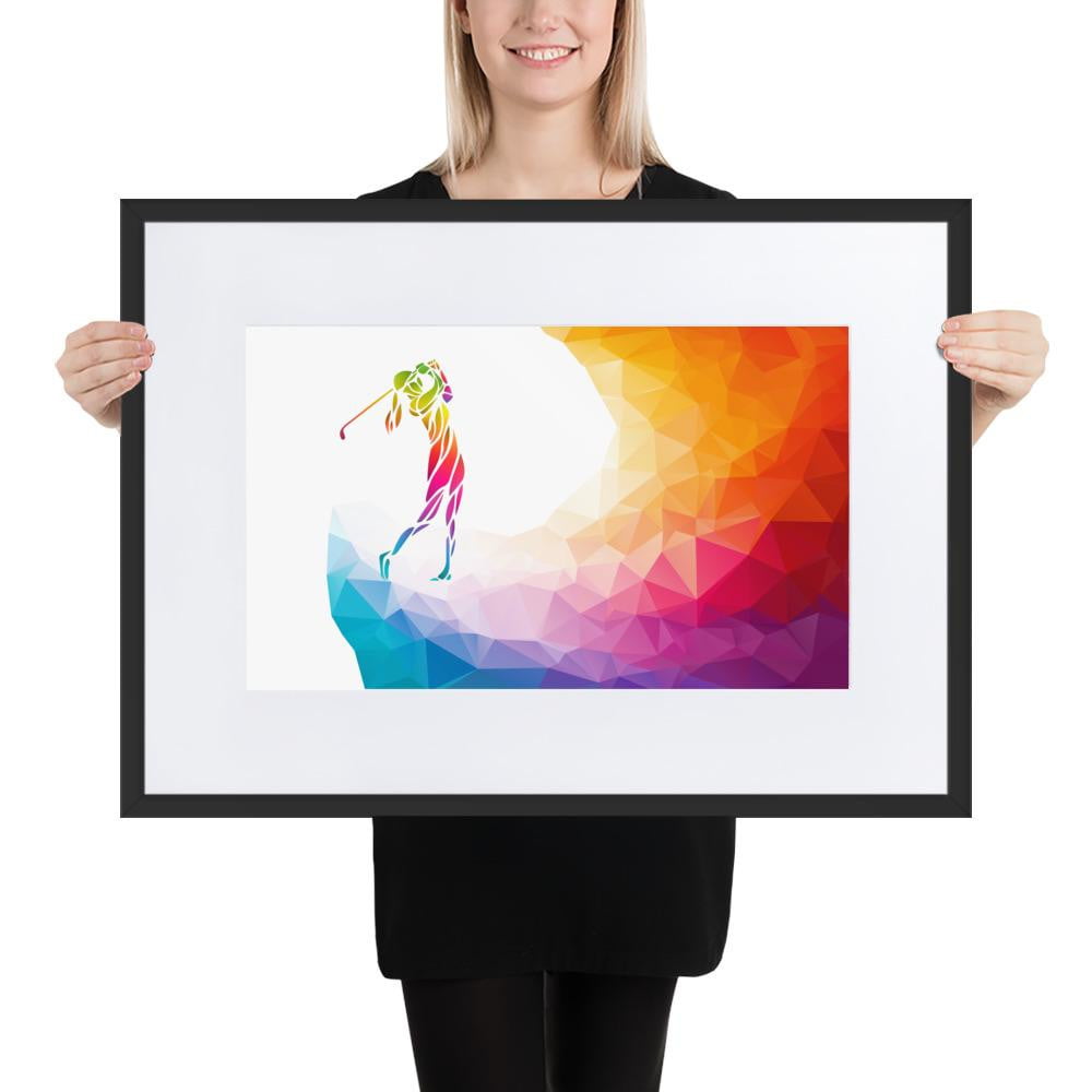 Gerahmtes Poster aus mattem Papier mit Passepartout - Frau beim Golfschlag - G-O-A-L-F